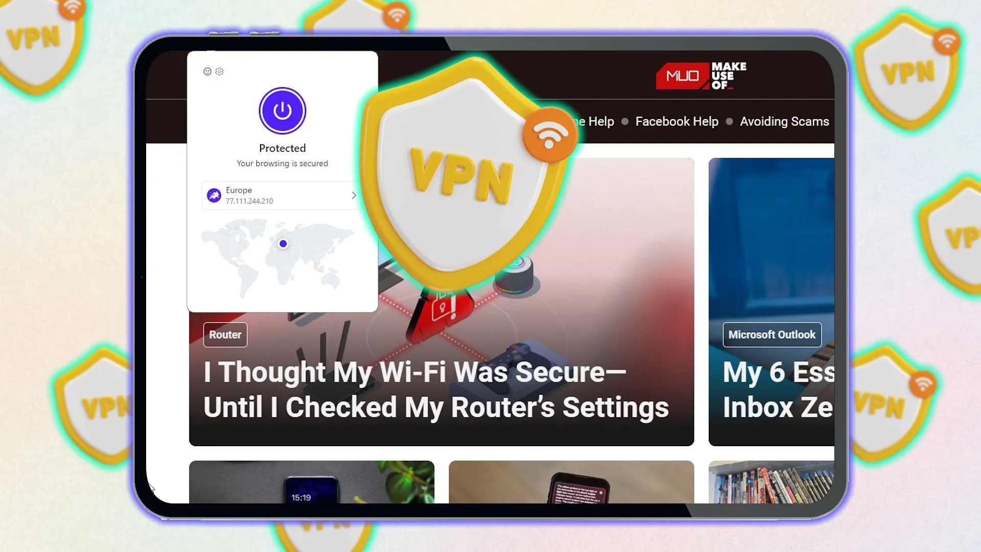 Biểu tượng VPN trên màn hình máy tính bảng với nền trang web, tượng trưng cho tính năng VPN tích hợp trong trình duyệt Vivaldi