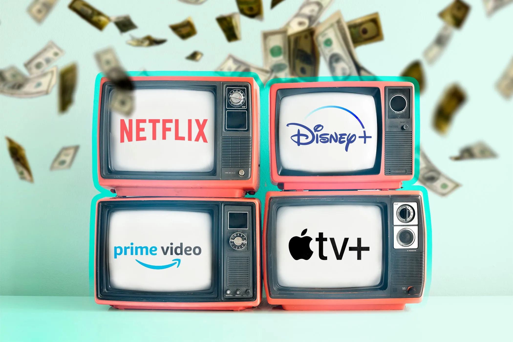 Bốn màn hình smart TV hiển thị logo các dịch vụ phát trực tuyến với những tờ đô la rơi xuống, thể hiện mô hình kinh doanh thu lợi từ dữ liệu xem của người dùng.