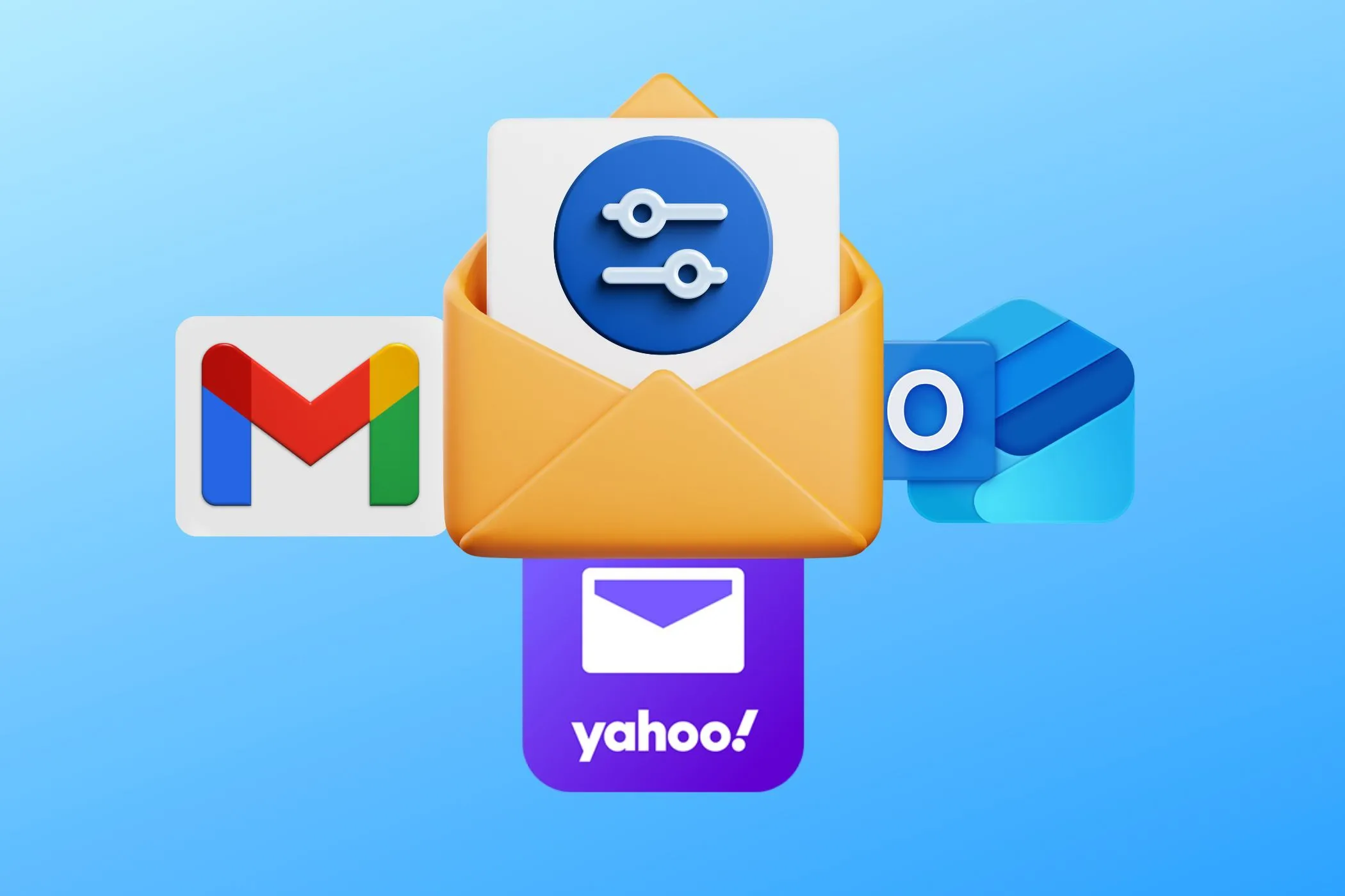 Các biểu tượng dịch vụ email phổ biến như Gmail, Yahoo Mail và Outlook cùng biểu tượng lọc, minh họa cho việc quản lý email phụ để mua sắm ẩn danh và tránh thư rác