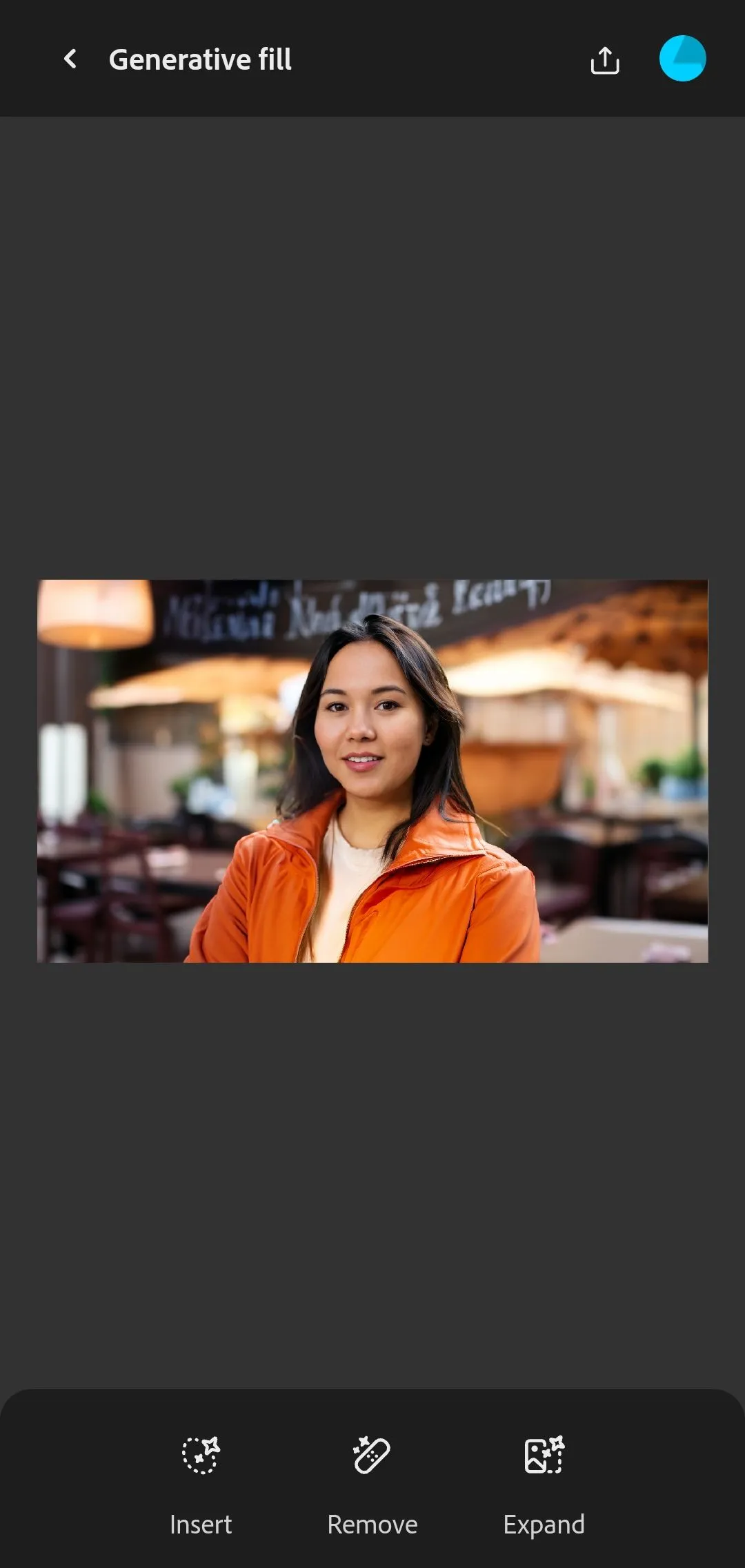 Các biểu tượng tính năng Generative Fill trong ứng dụng Adobe Firefly mobile, minh họa quy trình chỉnh sửa ảnh AI