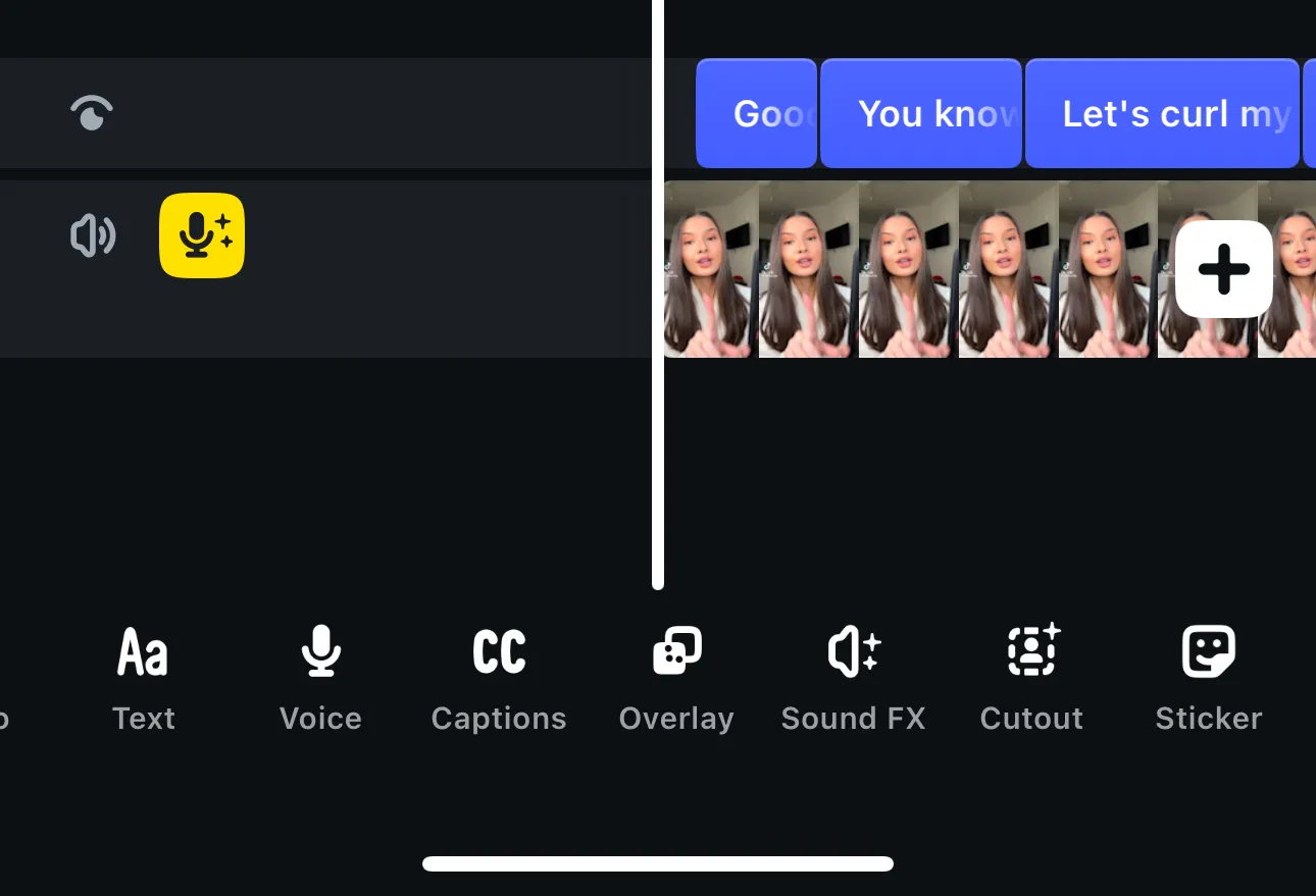 Các công cụ chỉnh sửa video chính của Edits hiển thị trên giao diện chỉnh sửa, bao gồm Audio, Text, Voice, Captions, Overlay, Sound FX, Cutout và Sticker.