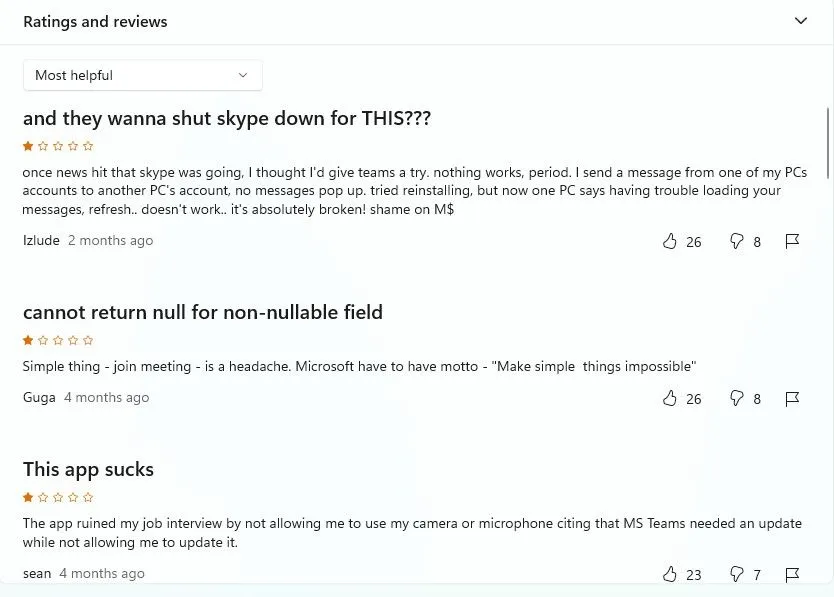 Các đánh giá tiêu cực của người dùng về Microsoft Teams trên Microsoft Store