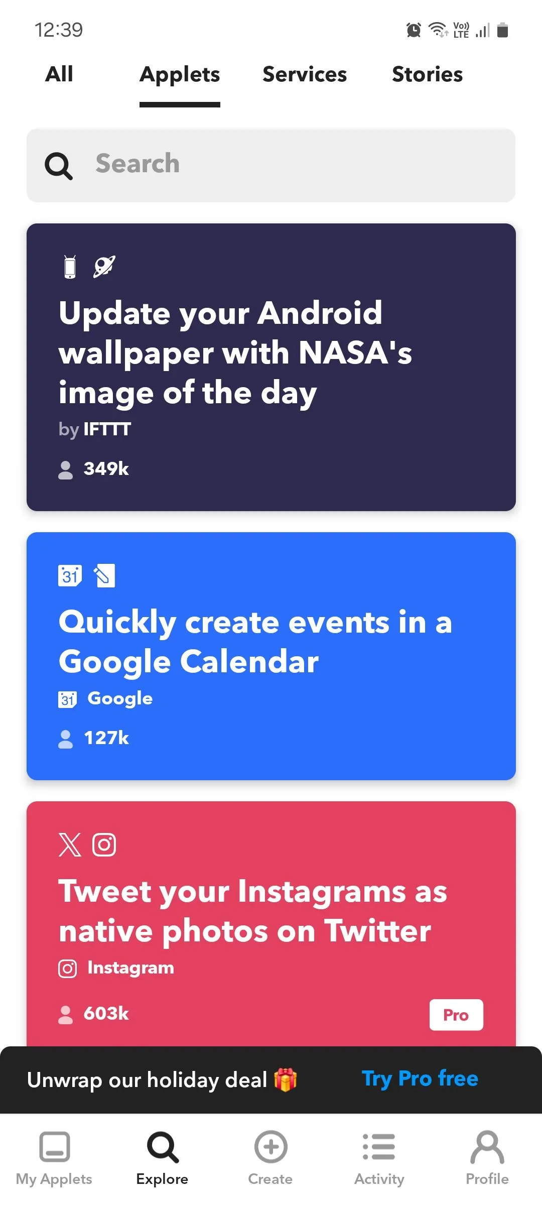 Các đề xuất Applet tự động hóa trong ứng dụng IFTTT