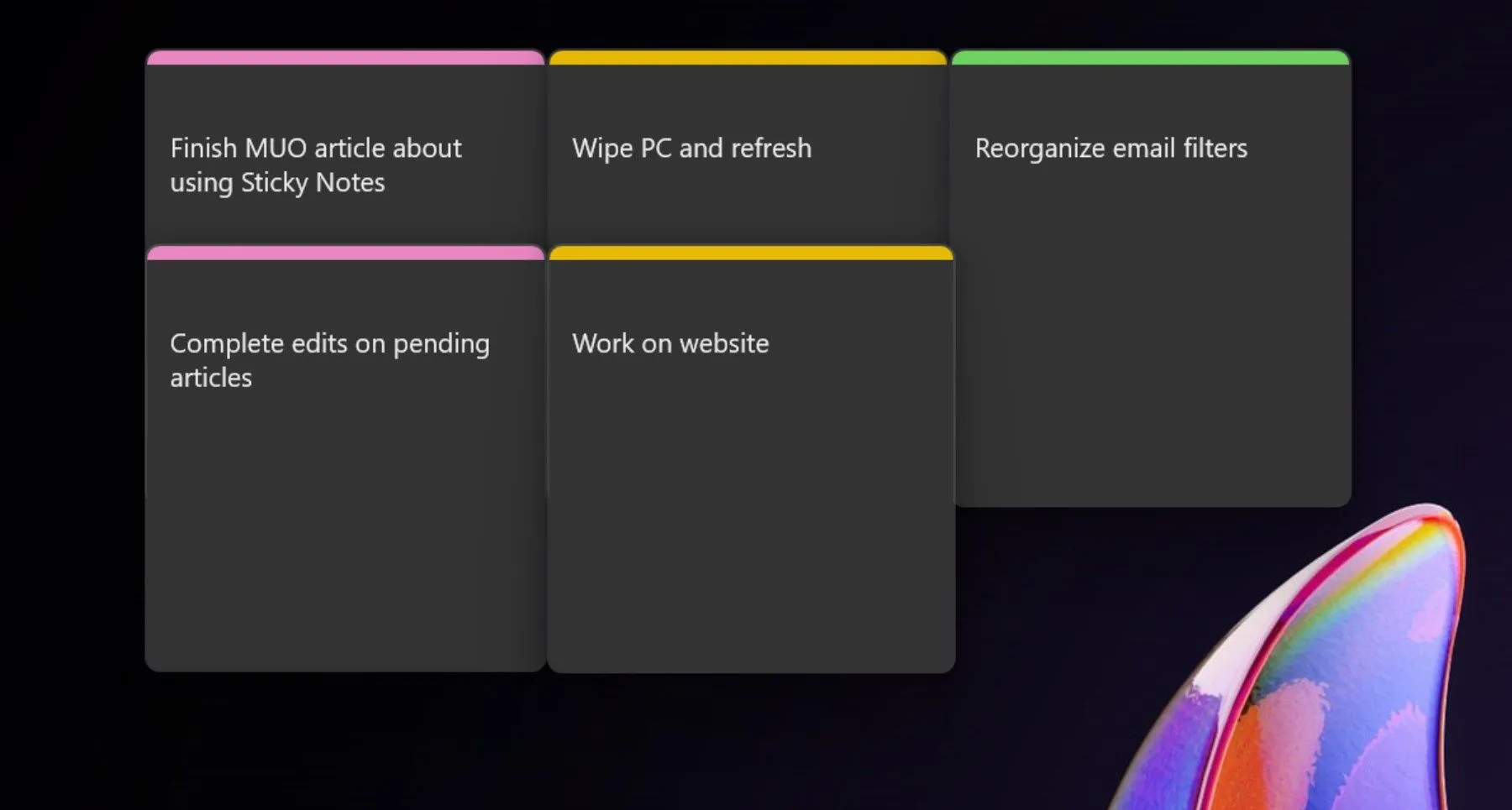 Các ghi chú dính nhiều màu sắc trên Windows 11 được sử dụng để phân loại tác vụ theo mức độ ưu tiên