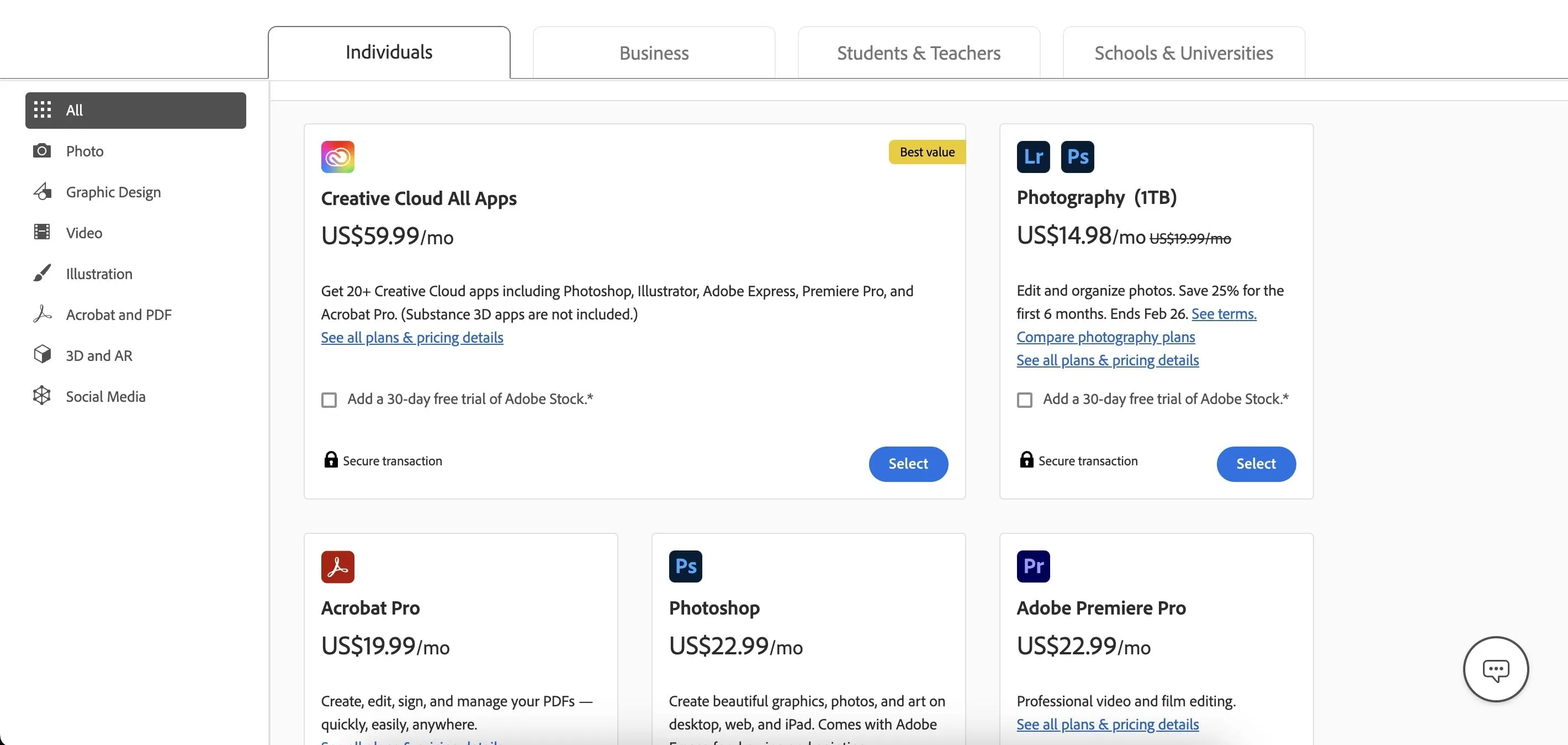 Các gói đăng ký ứng dụng Adobe Creative Cloud