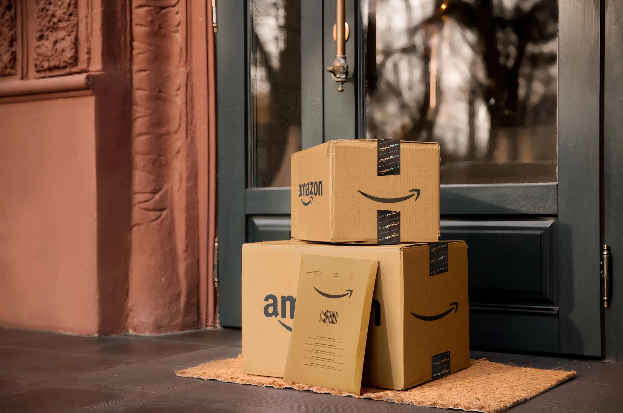 Các gói hàng của Amazon được đặt trước cửa nhà, liên quan đến lừa đảo giao hàng