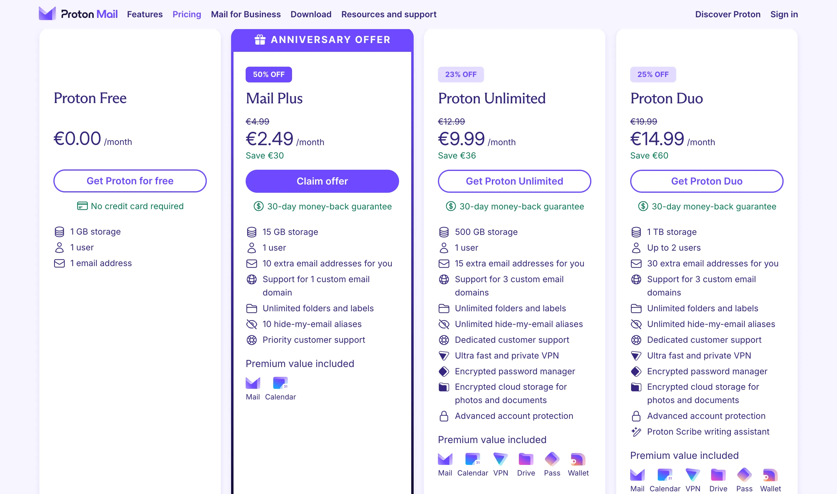 Các gói ProtonMail với nhiều đặc quyền bao gồm Proton VPN