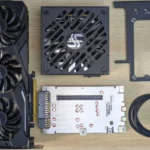 Các linh kiện thiết yếu để tự lắp eGPU tại nhà, bao gồm card đồ họa, bộ nguồn và dock eGPU Thunderbolt.