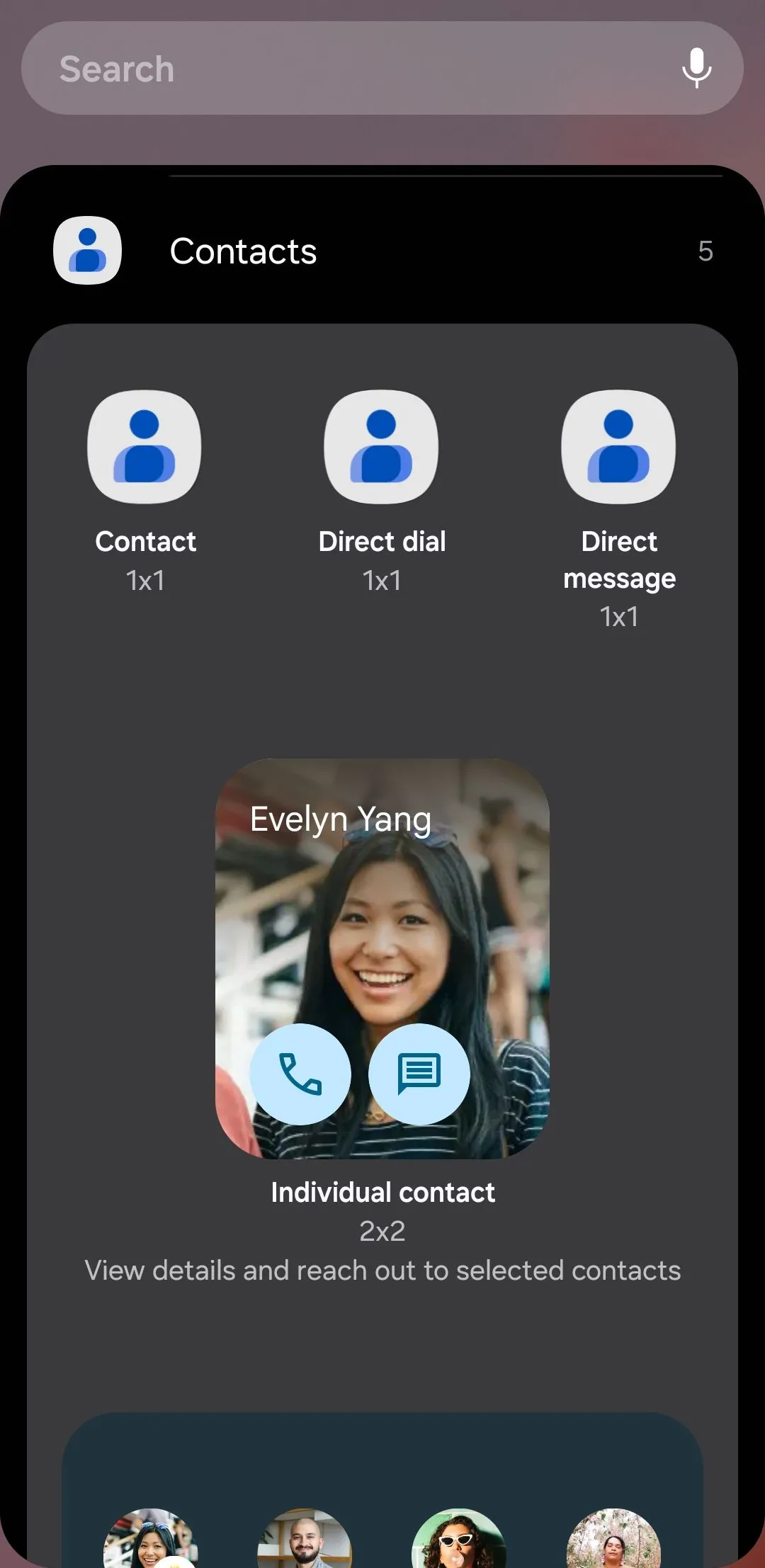 Các lựa chọn widget ứng dụng Google Contacts trên Android, bao gồm gọi nhanh và danh bạ yêu thích