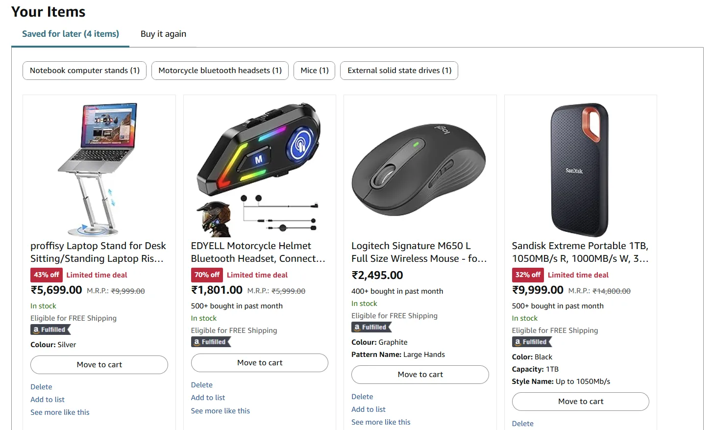 Các mặt hàng được lưu để sau trong giỏ hàng Amazon