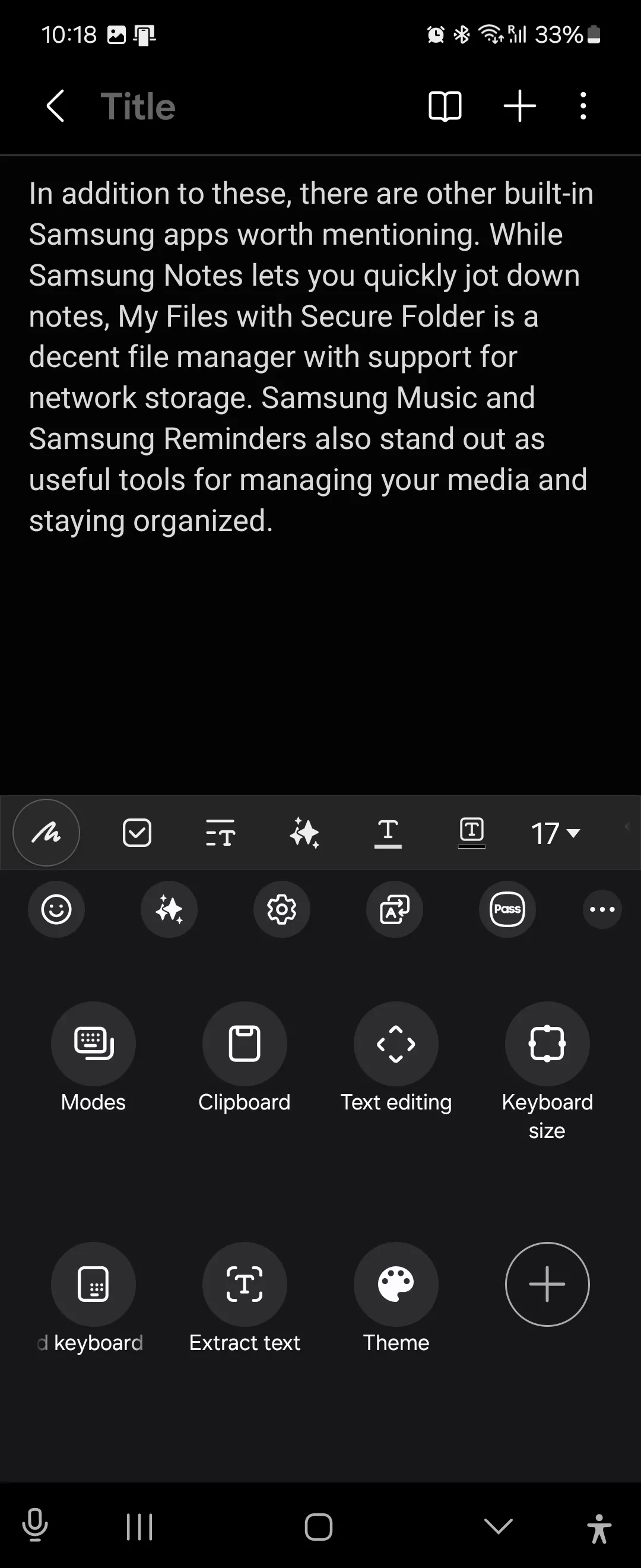 Các phím tắt Samsung Keyboard đến các tính năng khác nhau trong Samsung Notes