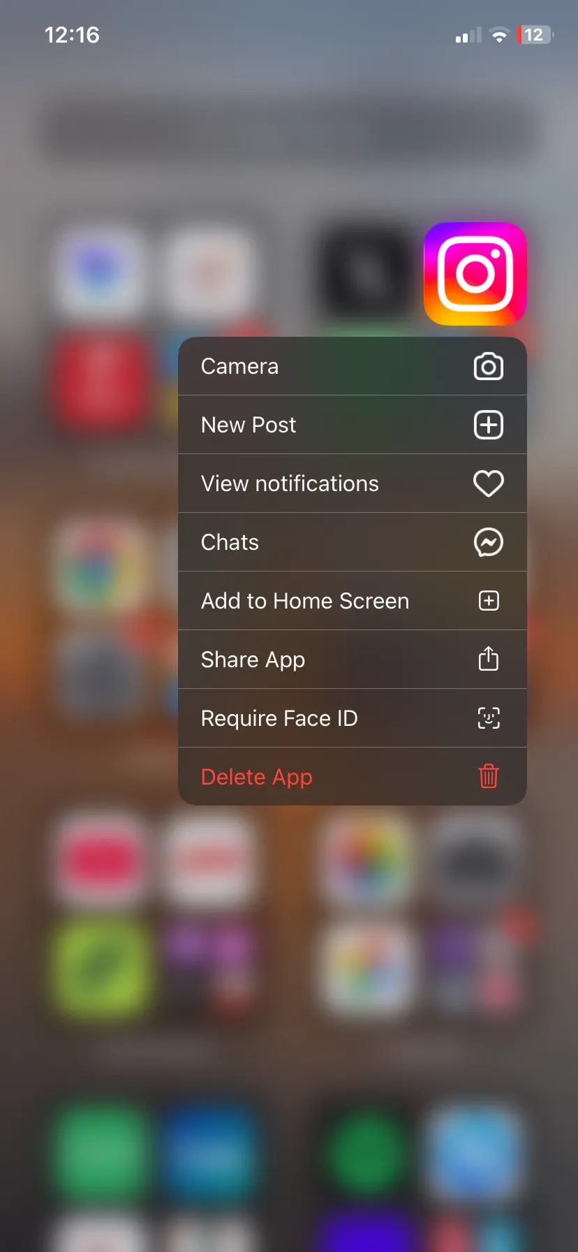 Các tác vụ nhanh của Instagram hiển thị trong menu ngữ cảnh
