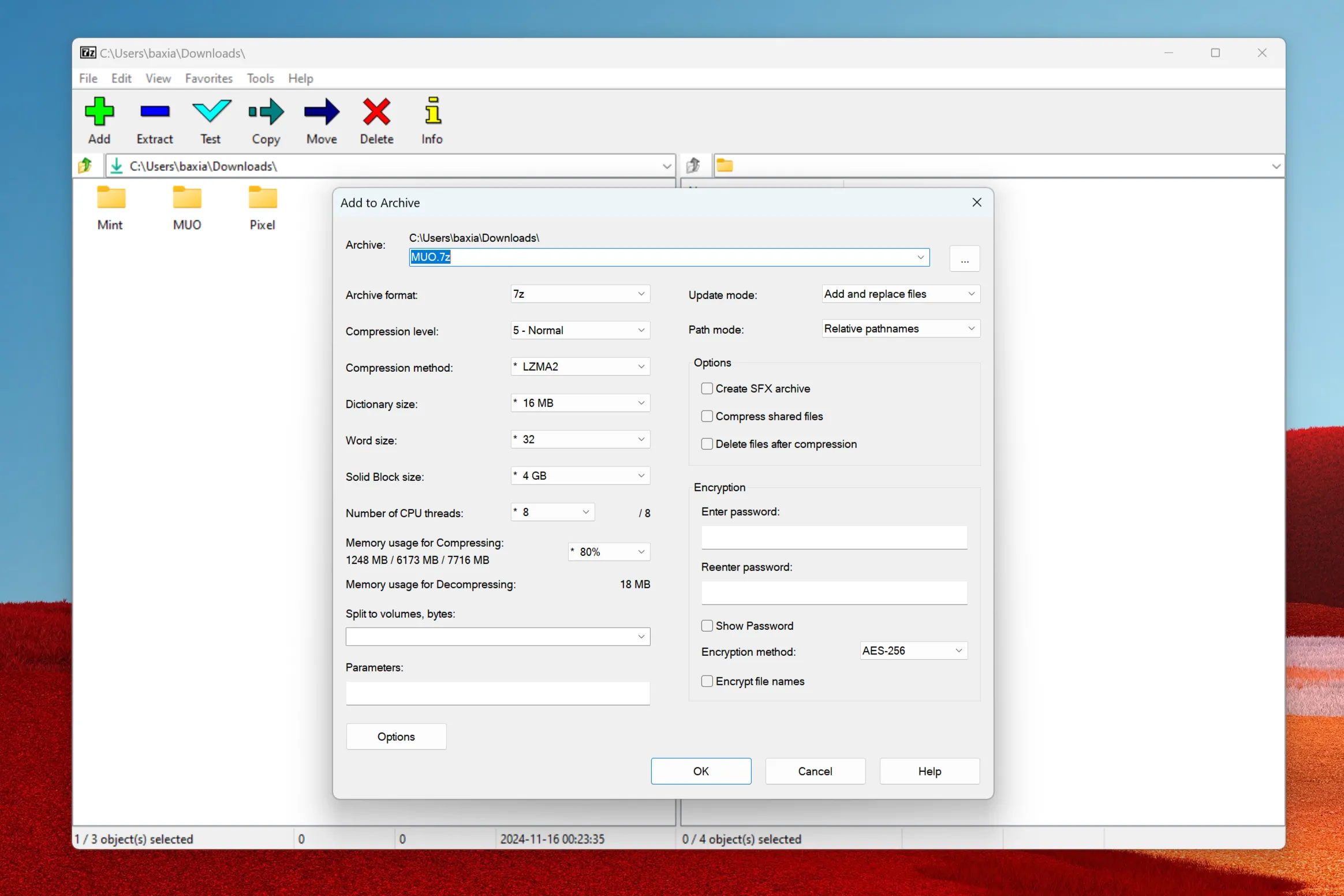 Các thiết lập tùy chỉnh khi nén file với 7-Zip