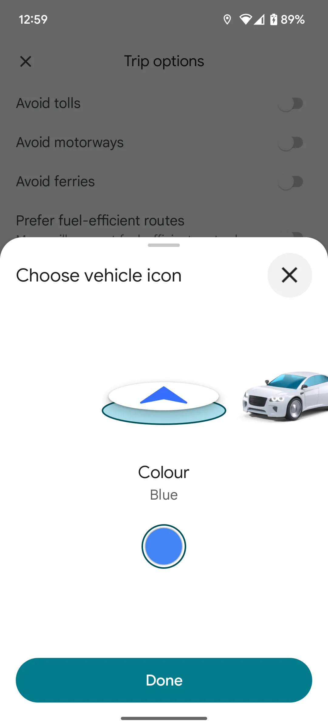 Các tùy chọn biểu tượng xe và màu sắc mới trong Google Maps