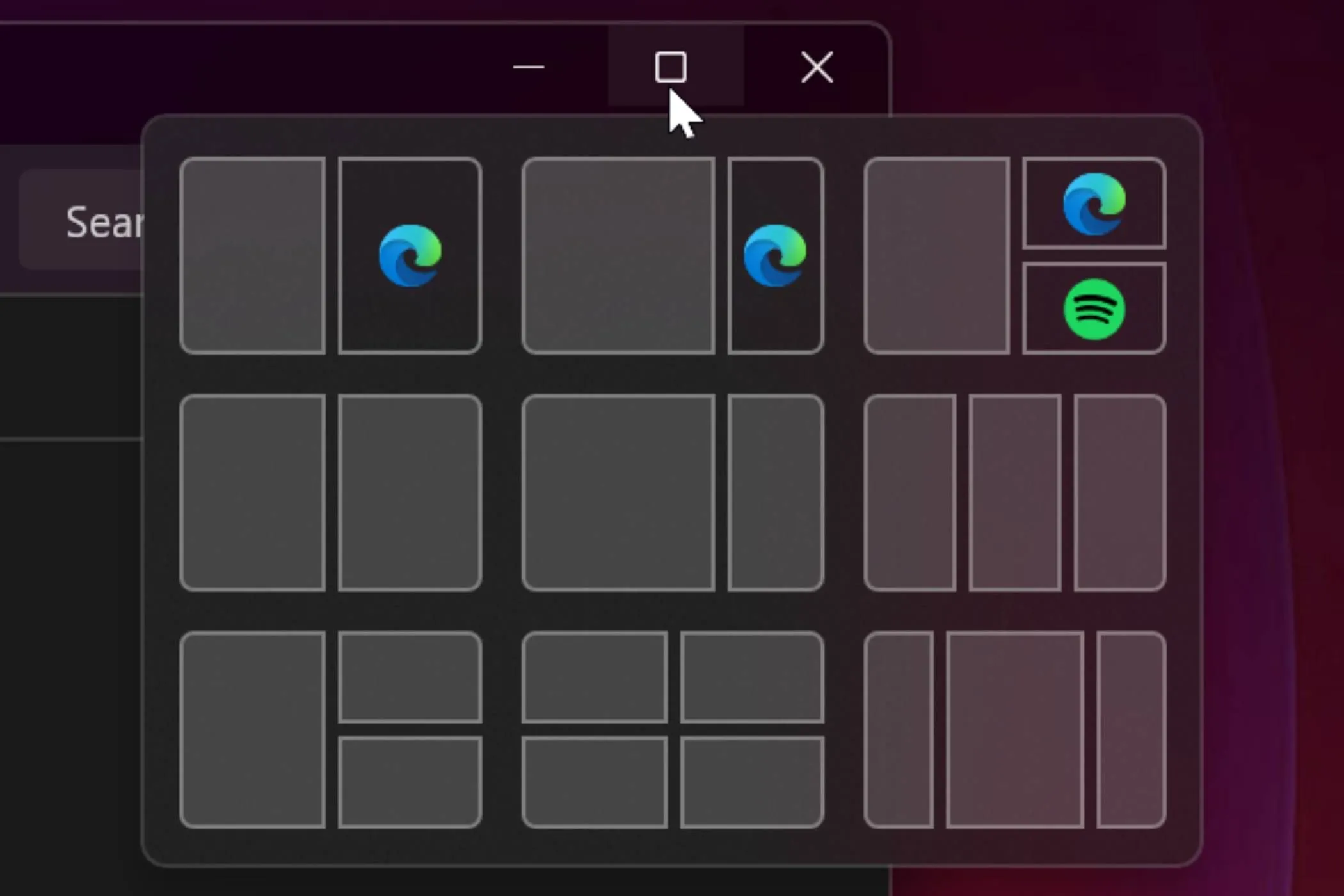 Các tùy chọn bố cục Snap Layouts đa dạng trên Windows 11 hiển thị khi di chuột qua nút phóng to.