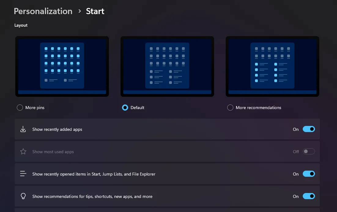 Các tùy chọn cài đặt cá nhân hóa Start Menu trên Windows 11, bao gồm gợi ý ứng dụng và mục đề xuất