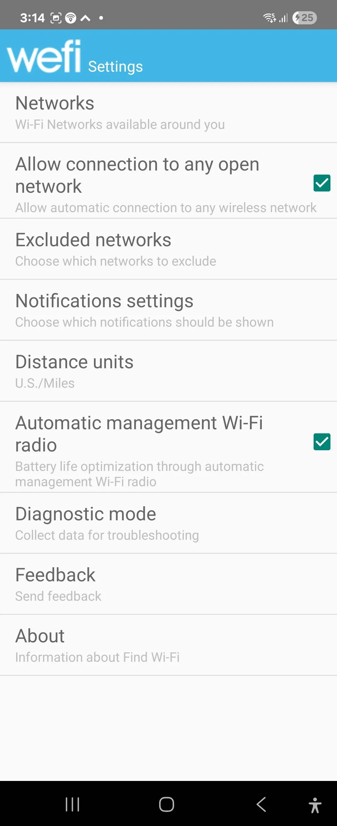 Các tùy chọn cài đặt trong ứng dụng WeFi trên hệ điều hành Android.