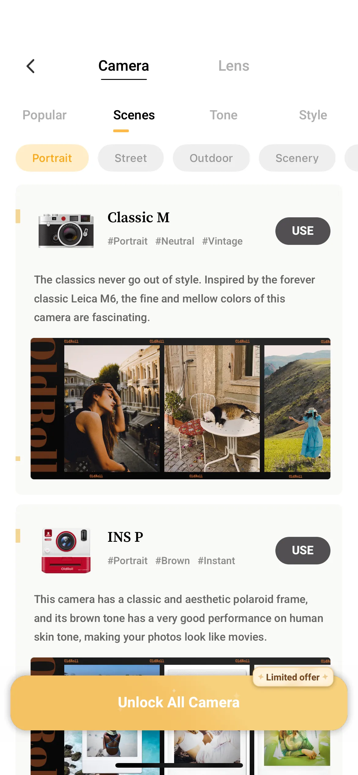 Các tùy chọn camera và gói Pro trong ứng dụng OldRoll
