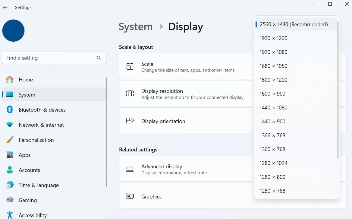 Các tùy chọn độ phân giải hiển thị trong Windows 11