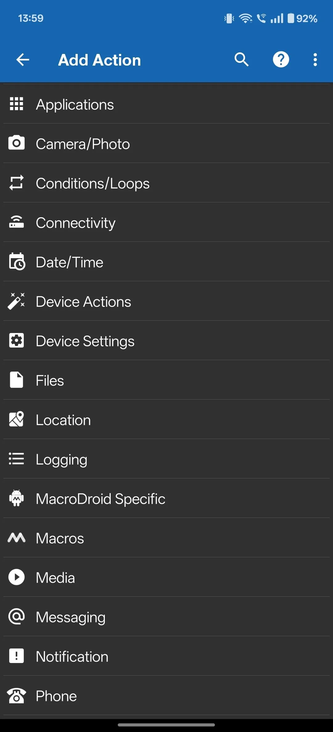 Các tùy chọn hành động trong MacroDroid, đang chọn Notification để hiển thị thông báo.
