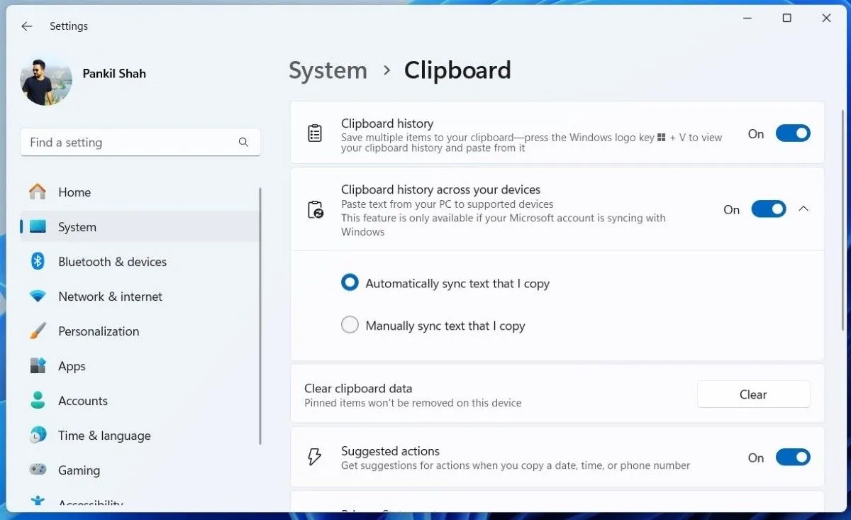Các tùy chọn lịch sử Clipboard trong ứng dụng Cài đặt Windows 11