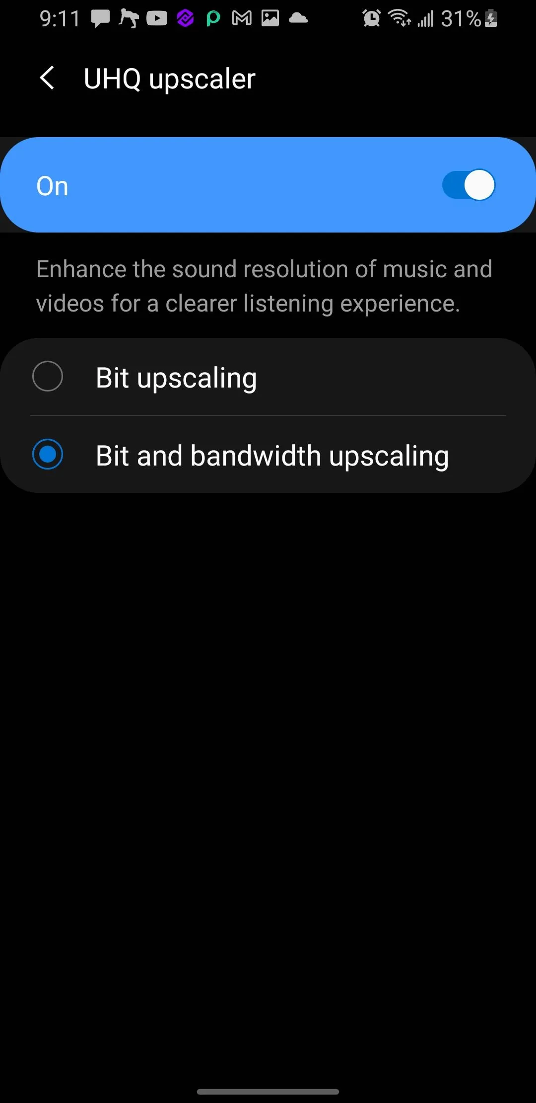 Các tùy chọn nâng cấp UHQ Upscaler trên điện thoại Samsung, bao gồm Bit Upscaling và Bit &amp; Bandwidth Upscaling