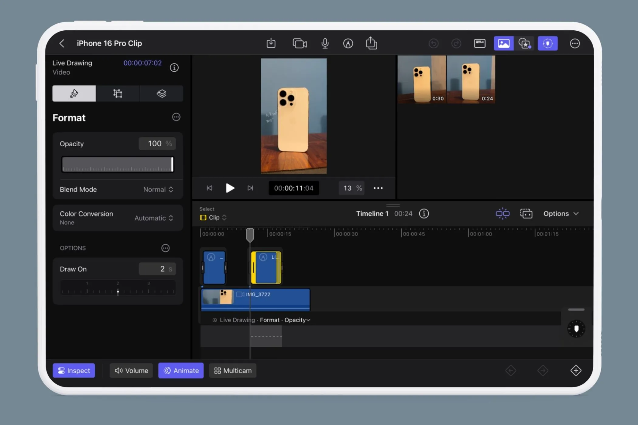 Các tùy chọn Opacity, Blend Mode, và Draw On trong menu Inspect của Live Drawing trên Final Cut Pro iPad