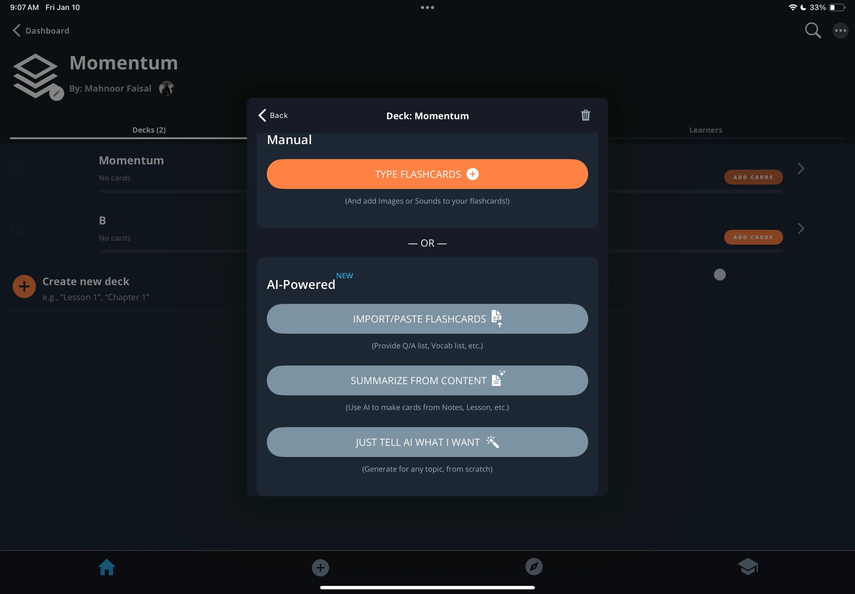 Các tùy chọn tạo flashcard bằng AI trên Brainscape: Import/Paste Flashcards, Summarize From Content, Just Tell AI What I Want.
