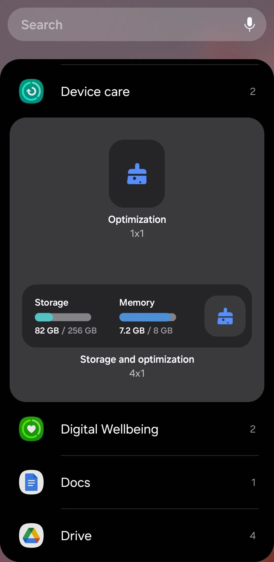 Các tùy chọn widget Chăm sóc thiết bị (Device Care) trên Android, giúp tối ưu bộ nhớ và hiệu năng