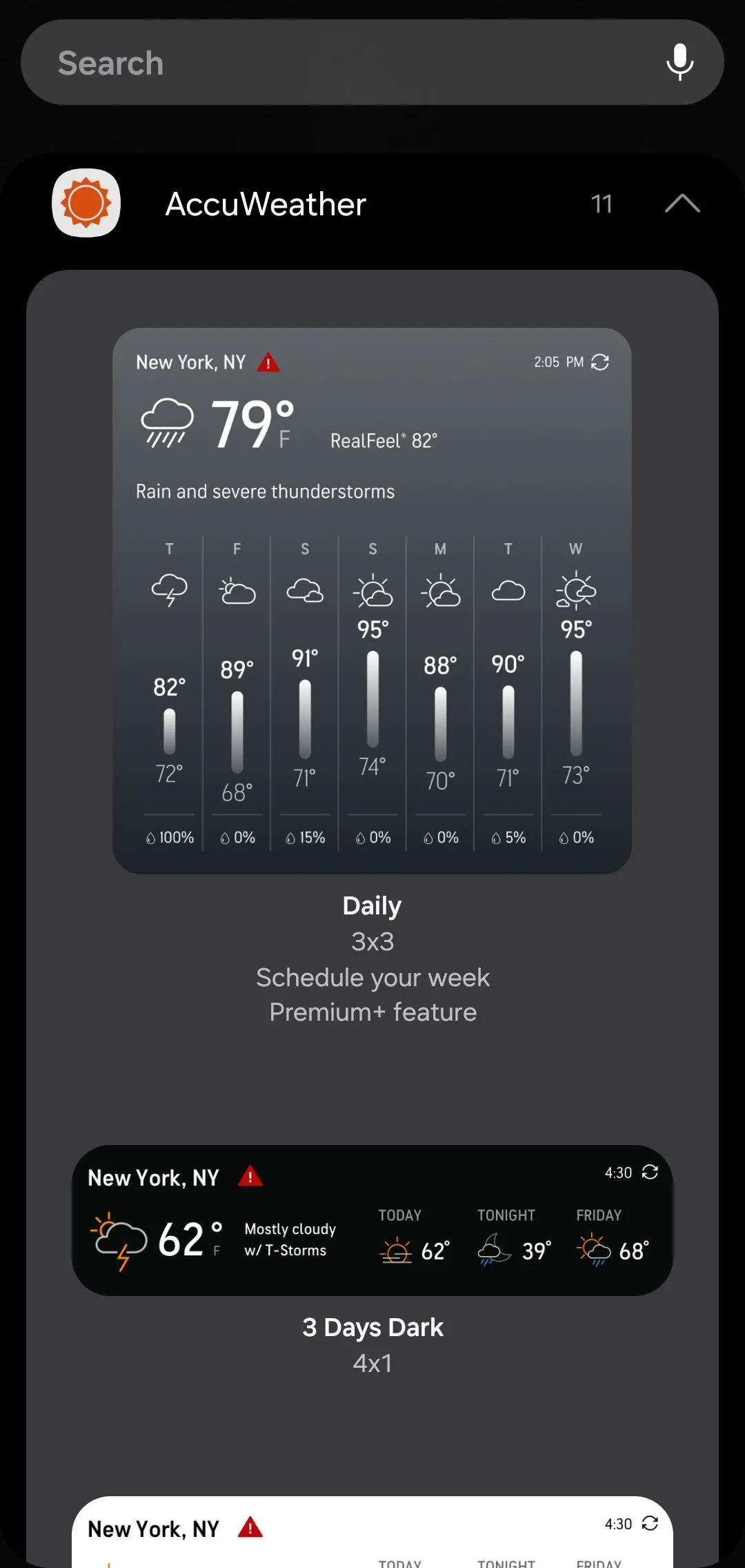Các tùy chọn widget của AccuWeather bao gồm kích thước lớn và nhỏ