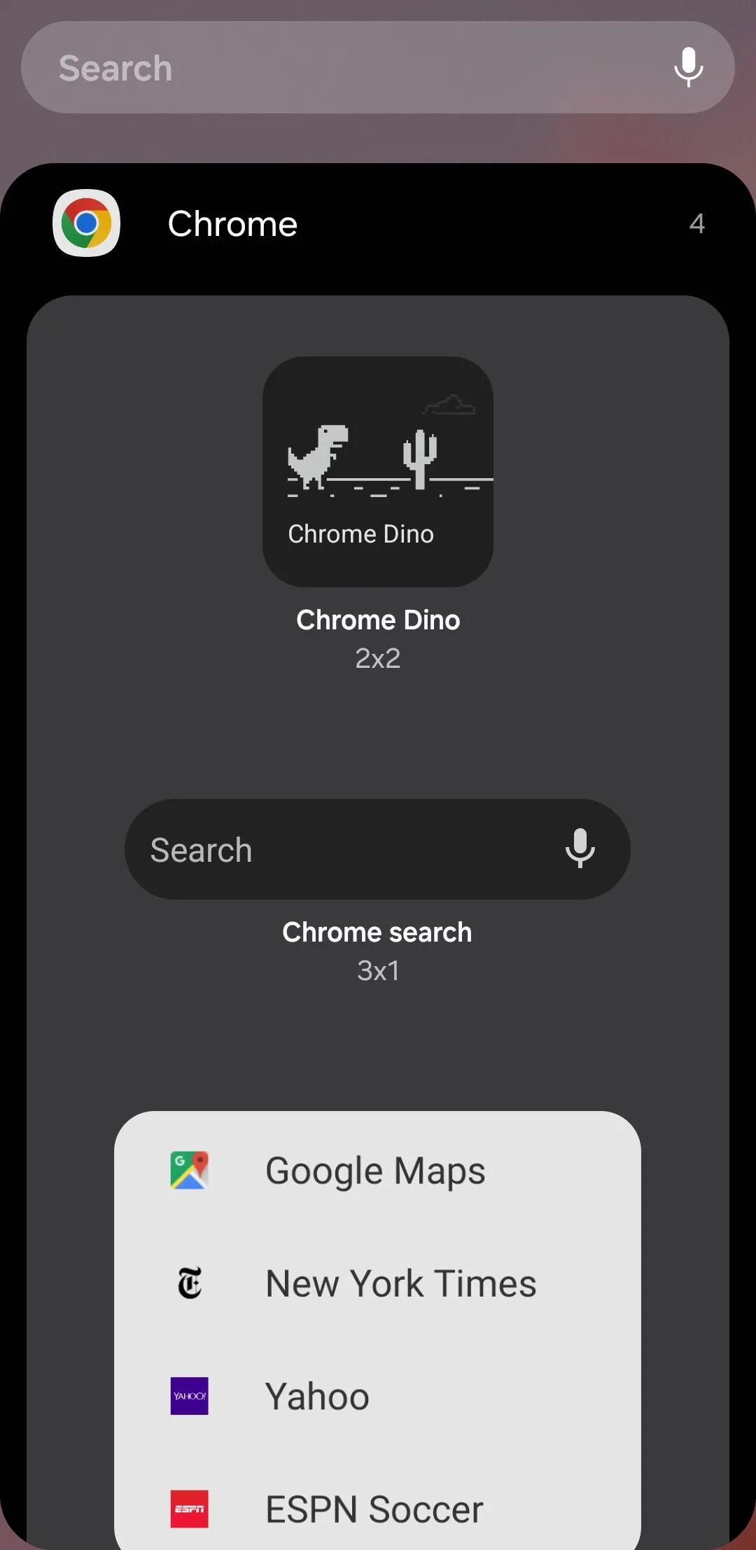 Các tùy chọn widget Google Chrome trên điện thoại Android, cho phép tìm kiếm và mở cửa sổ ẩn danh