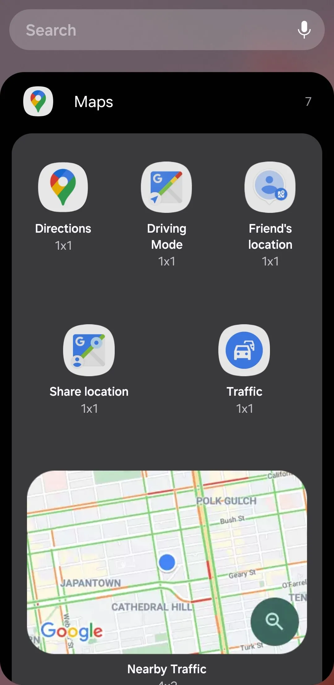 Các tùy chọn widget Google Maps trên Android, hiển thị bản đồ và thông tin giao thông xung quanh