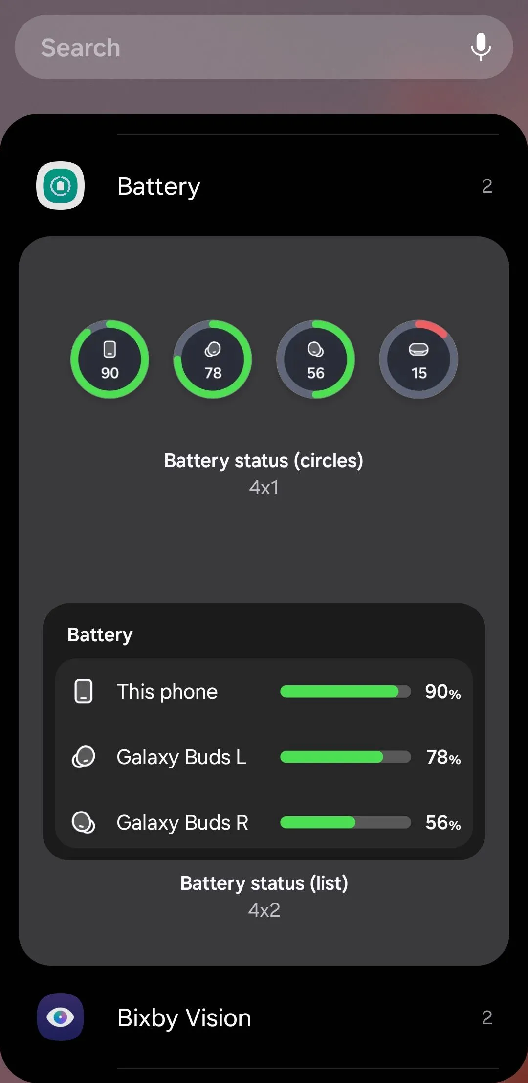 Các tùy chọn widget hiển thị trạng thái pin cho điện thoại và thiết bị kết nối trên Samsung