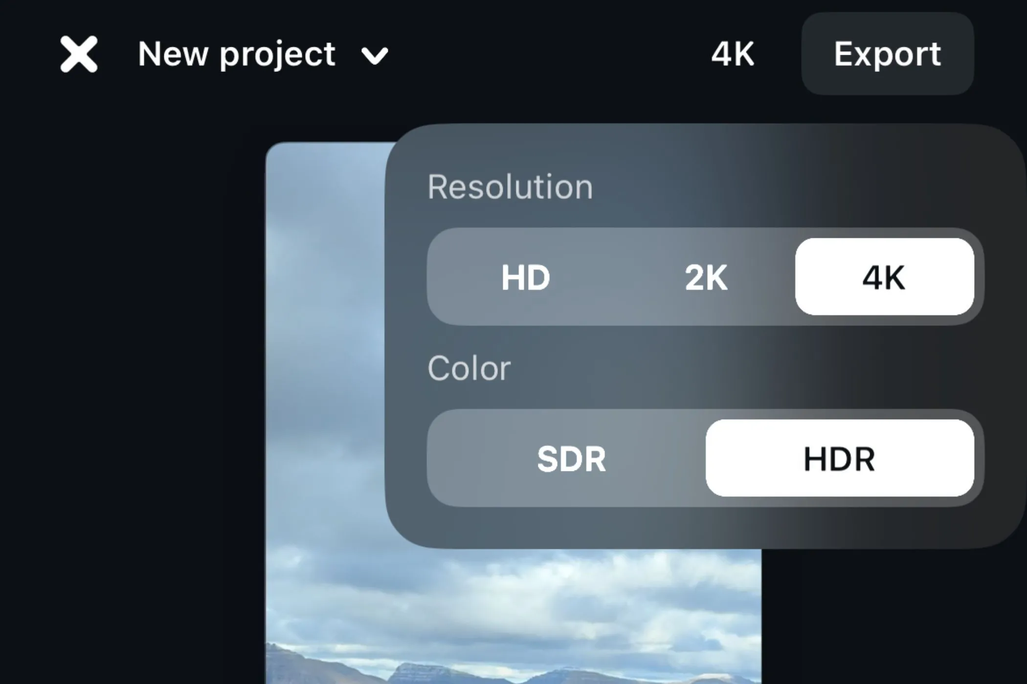 Các tùy chọn xuất video chuyên nghiệp trong ứng dụng Edits, bao gồm lựa chọn chất lượng HD, 2K, 4K và dải động HDR/SDR