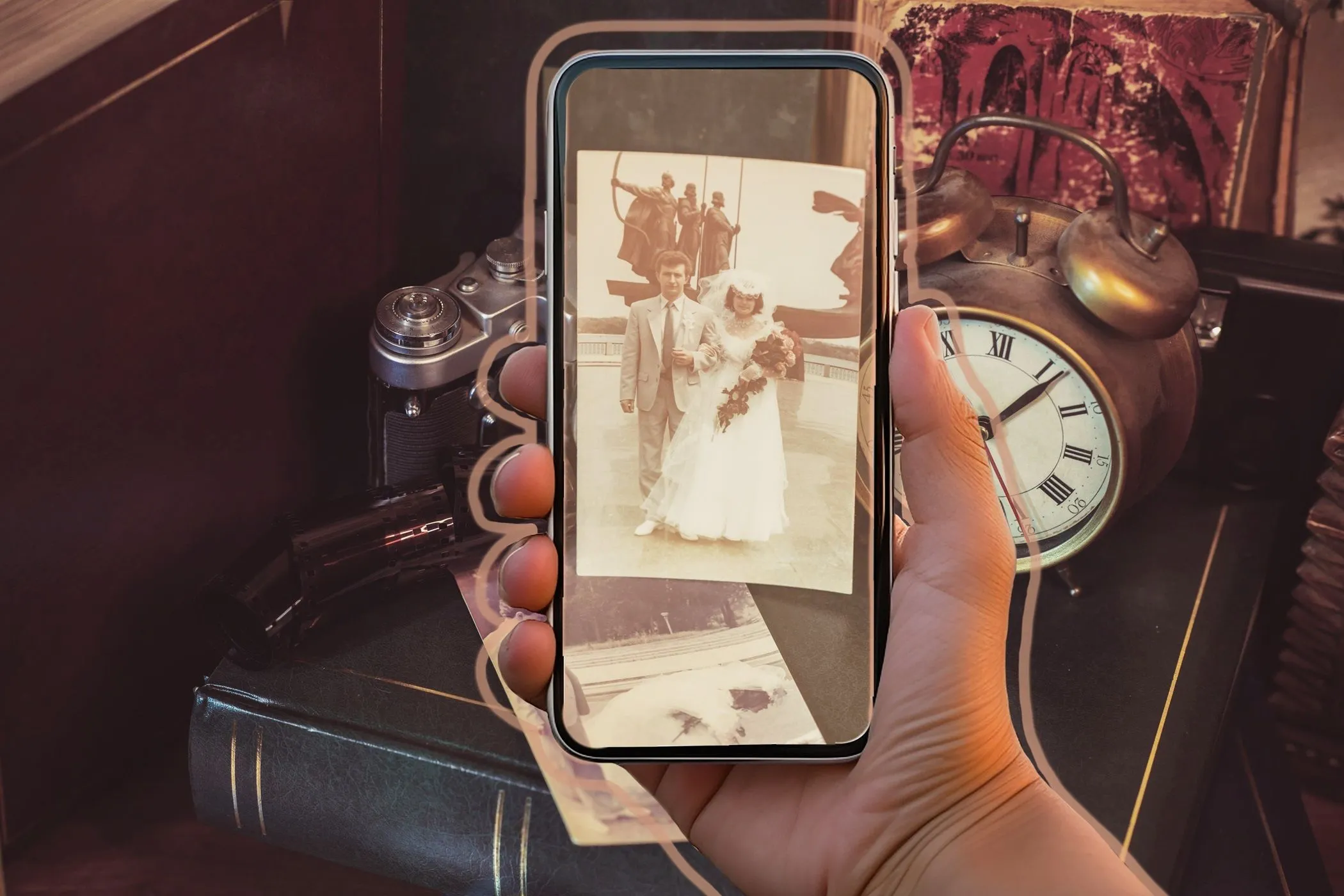 Các vật dụng cổ điển và phong cách vintage được chụp bằng điện thoại thông minh, thể hiện xu hướng hoài niệm.