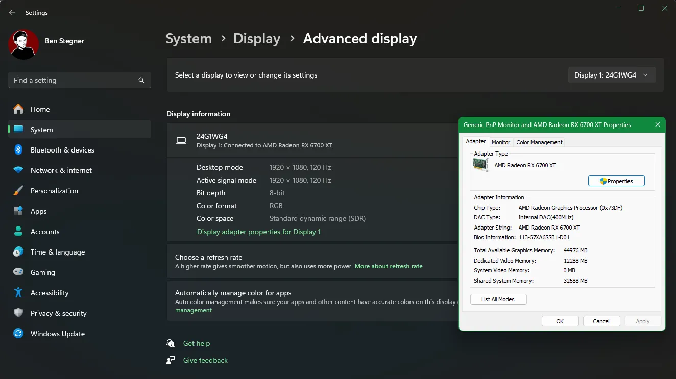 Cách kiểm tra VRAM trên Windows 11 qua cài đặt hiển thị nâng cao