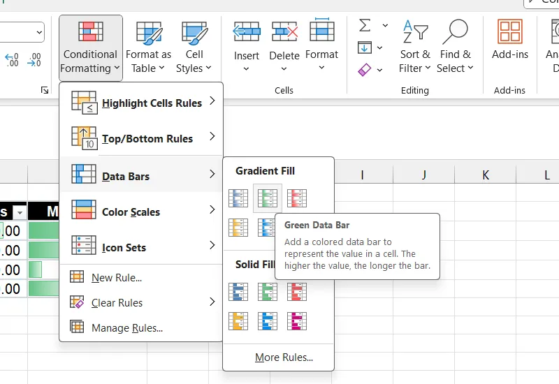 Cách thêm thanh dữ liệu vào các con số trong Excel