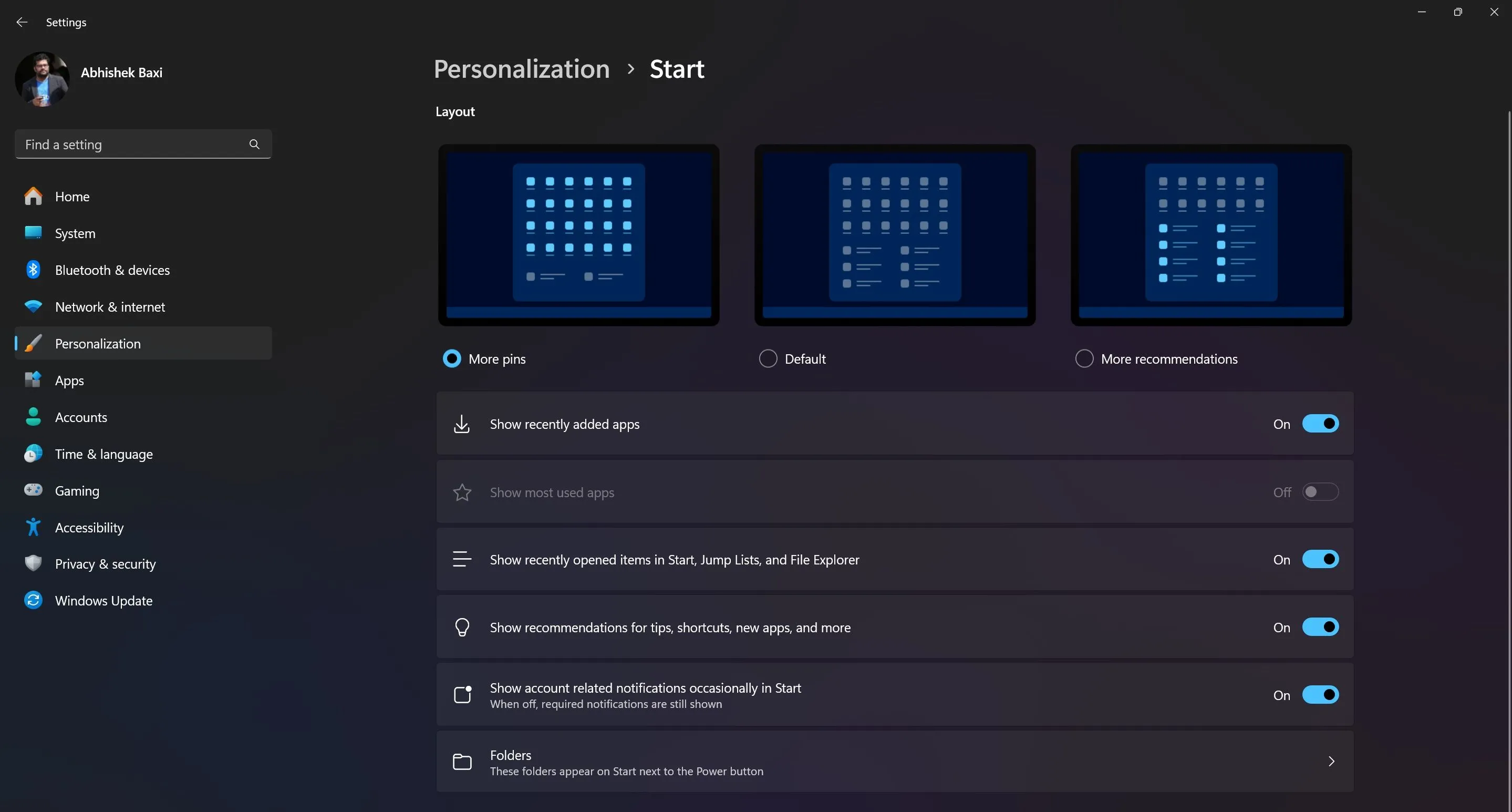 Cài đặt bố cục Start Menu Windows 11 với các tùy chọn hiển thị ứng dụng được ghim và đề xuất