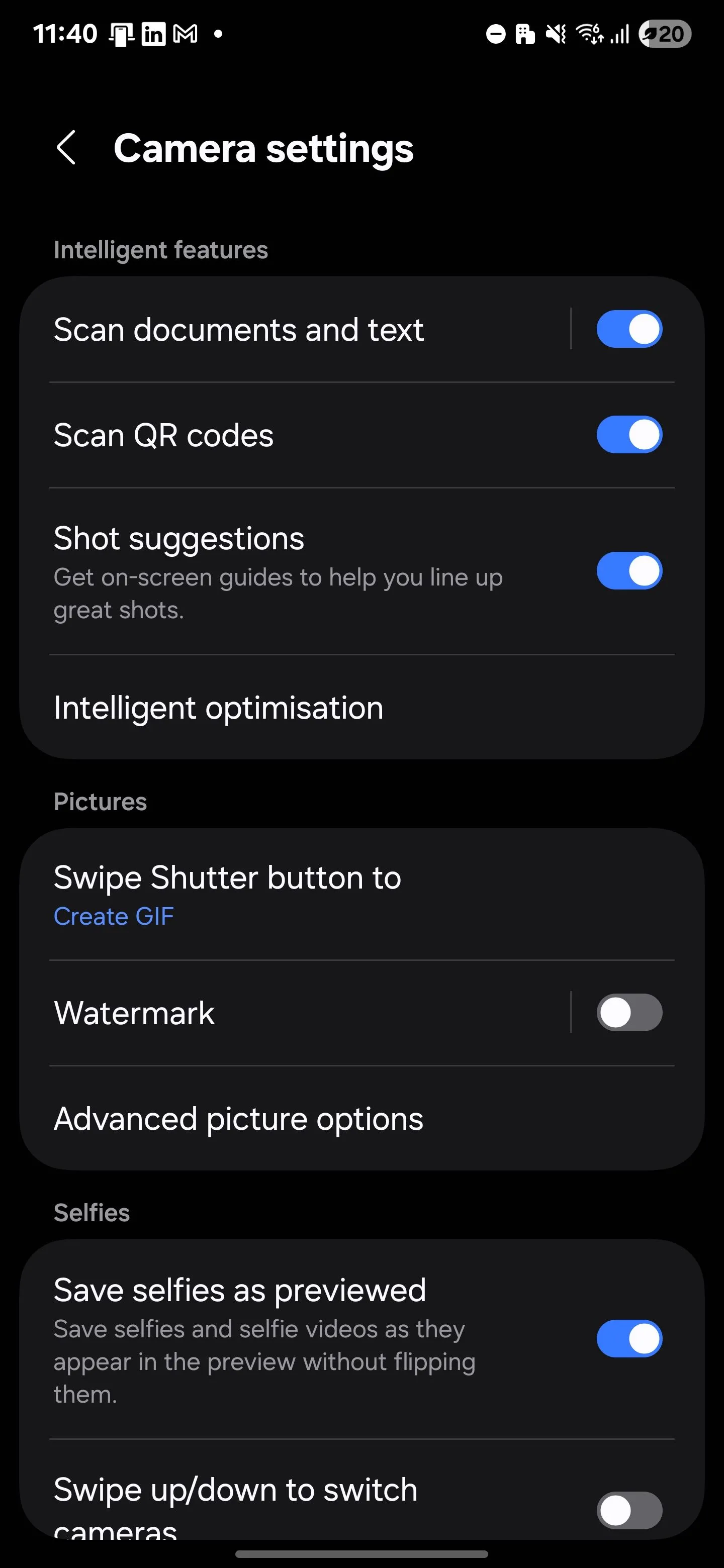 Cài đặt Camera Samsung: Menu Tối ưu hóa thông minh với tính năng Trình tối ưu cảnh.