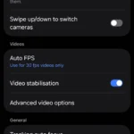 Cài đặt Camera Samsung: Menu tùy chọn video nâng cao với tính năng Phát âm thanh.