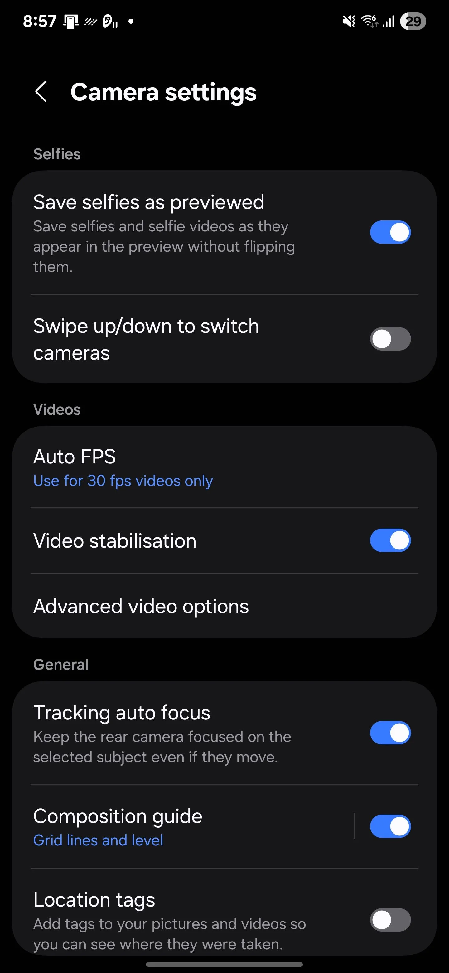Cài đặt Camera Samsung: Menu tùy chọn video nâng cao với tính năng Phát âm thanh.