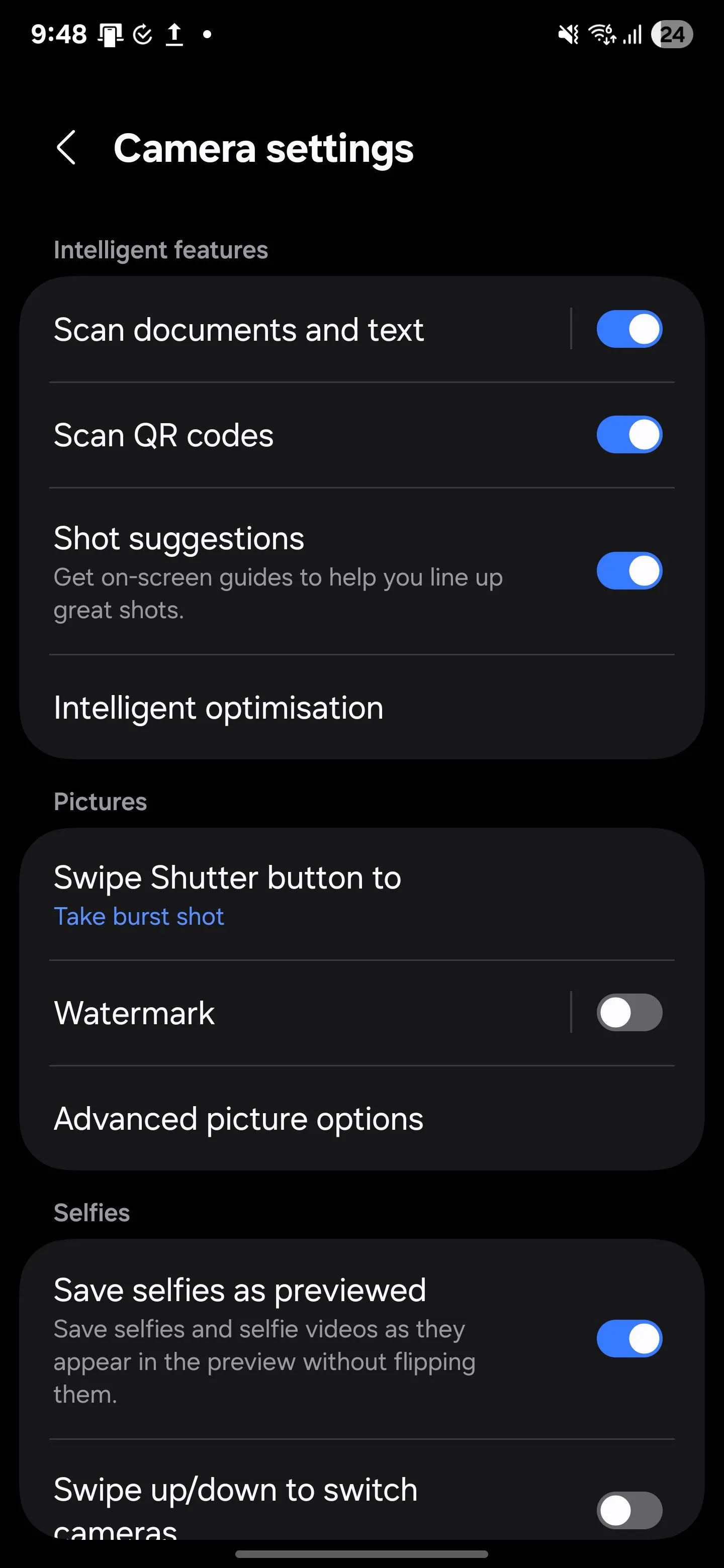 Cài đặt Camera Samsung: Thay đổi chức năng Vuốt nút chụp để Tạo GIF.