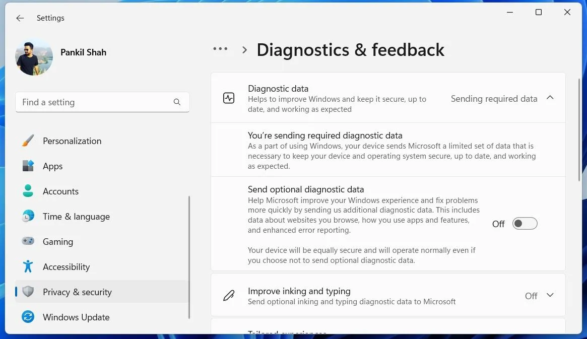 Cài đặt chẩn đoán trong ứng dụng Cài đặt của Windows 11, nơi người dùng điều chỉnh quyền riêng tư