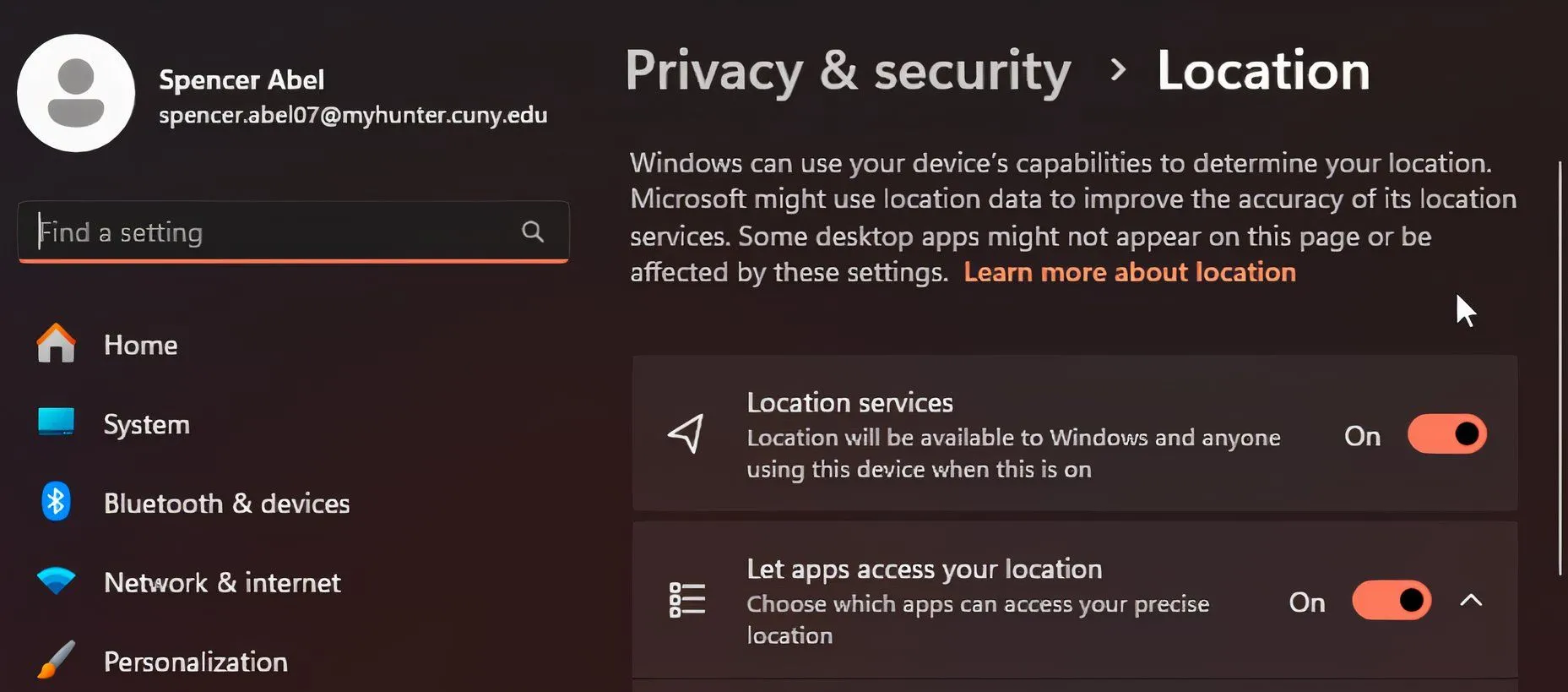 Cài đặt dịch vụ vị trí trong Windows 11, hiển thị tùy chọn bật/tắt định vị