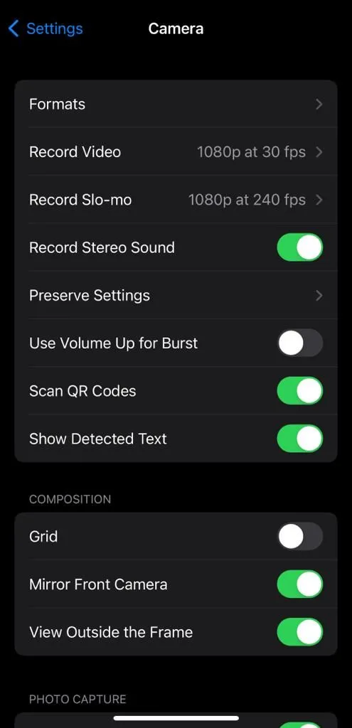 Cài đặt định dạng trong ứng dụng camera iPhone