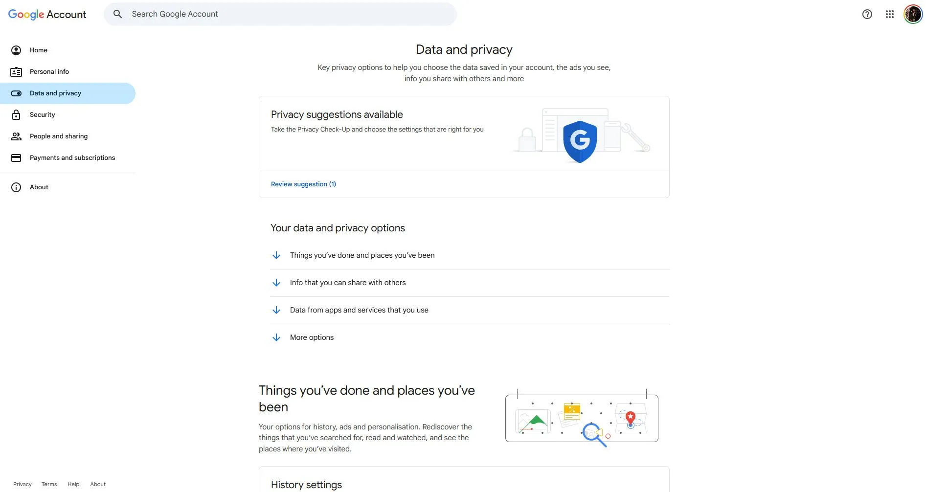 Cài đặt Dữ liệu và Quyền riêng tư của Google, hiển thị bảng điều khiển quyền riêng tư