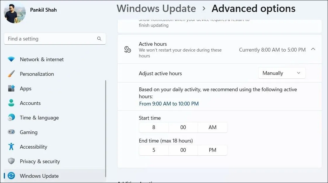 Cài đặt Giờ Hoạt Động thủ công trên Windows trong ứng dụng Cài đặt