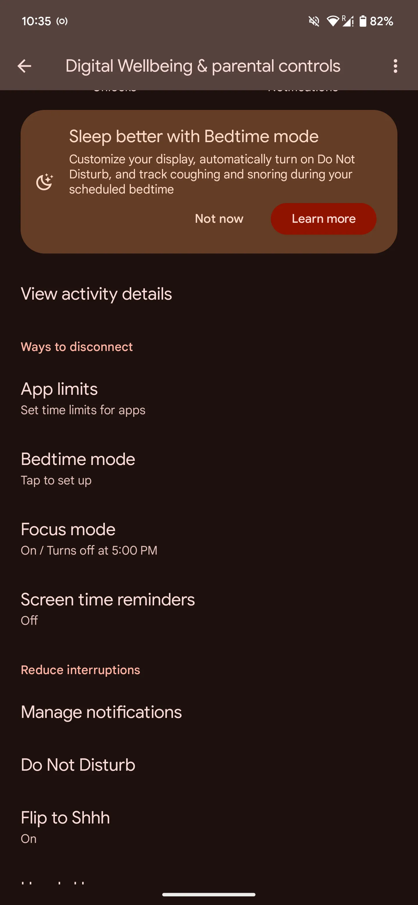 Cài đặt kích hoạt Chế độ Giờ đi ngủ trong Digital Wellbeing của thiết bị Android.
