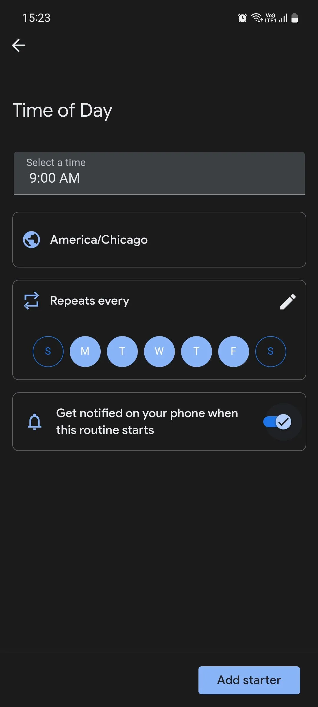 Cài đặt kích hoạt quy trình dựa trên thời gian trong Google Assistant Routines, cho phép người dùng thiết lập tự động hóa theo giờ cụ thể.