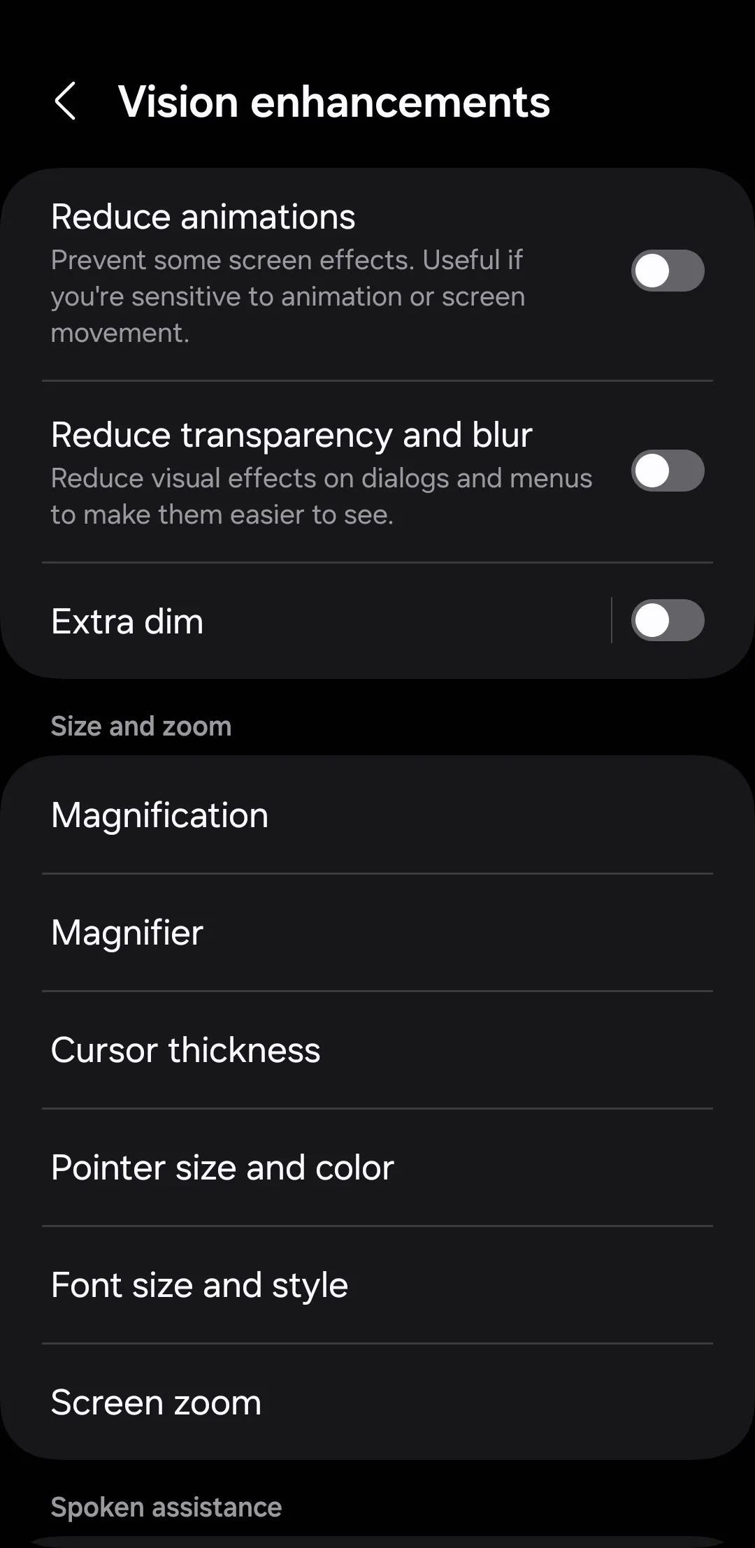 Cài đặt nâng cao hiển thị (Vision enhancement) với tùy chọn Giảm độ sáng bổ sung trên Android